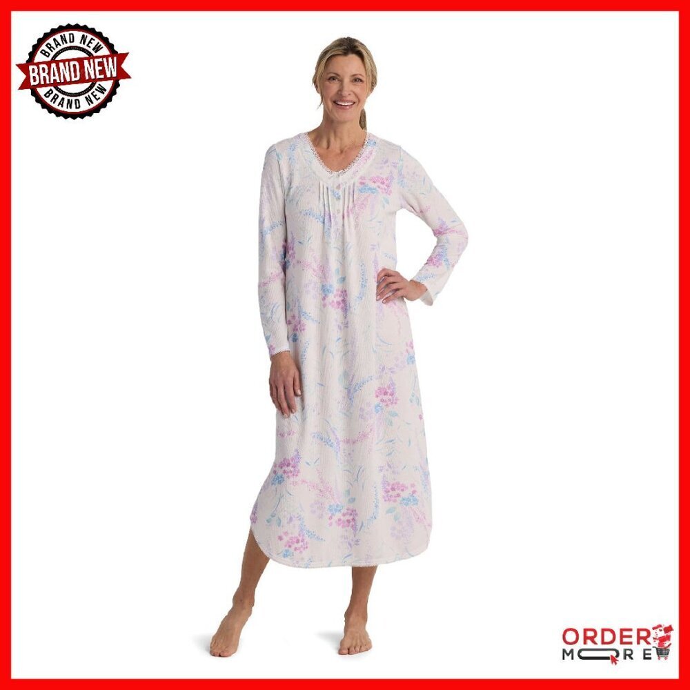 Long Sleeve Honeycomb Knit Nightgown, Soft Sleepwear, Henley Neckline